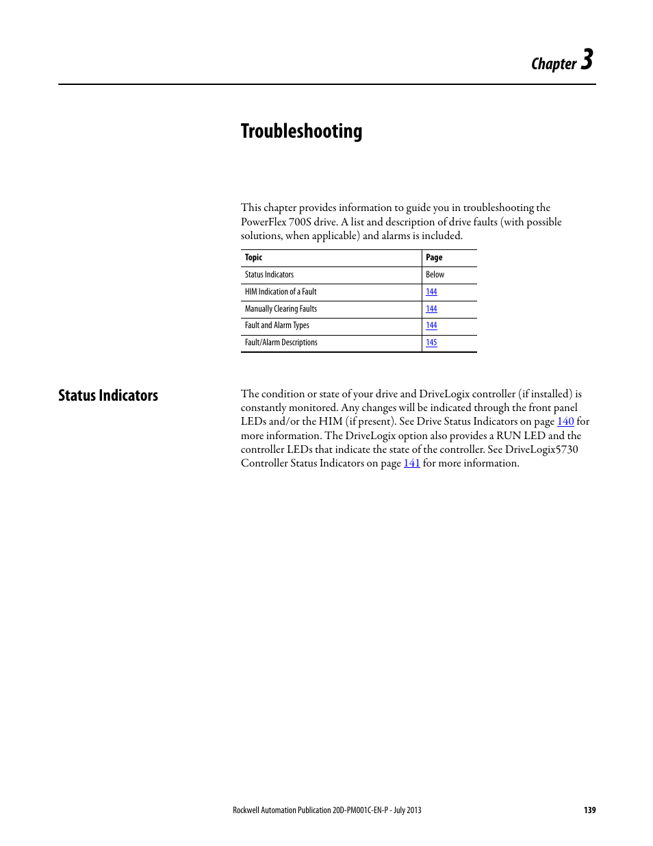 Chapter 3 - troubleshooting, Status indicators, Chapter 3 | Troubleshooting, Status indicators o, Chapter | Rockwell Automation 20D PowerFlex 700S AC Drives with Phase II Control Programming Manual User Manual | Page 139 / 214