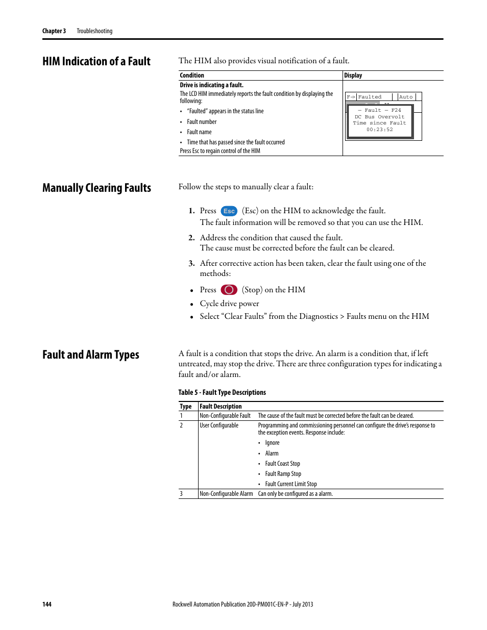 Him indication of a fault, Manually clearing faults, Fault and alarm types | Rockwell Automation 20D PowerFlex 700S AC Drives with Phase II Control Programming Manual User Manual | Page 144 / 214