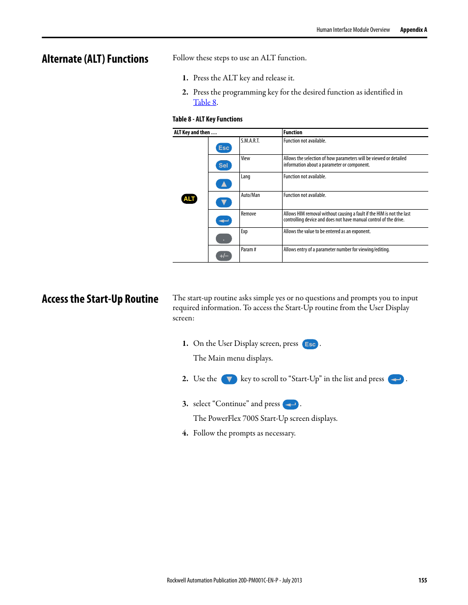 Alternate (alt) functions, Access the start-up routine, Access the start-up routine on pa | For m | Rockwell Automation 20D PowerFlex 700S AC Drives with Phase II Control Programming Manual User Manual | Page 155 / 214