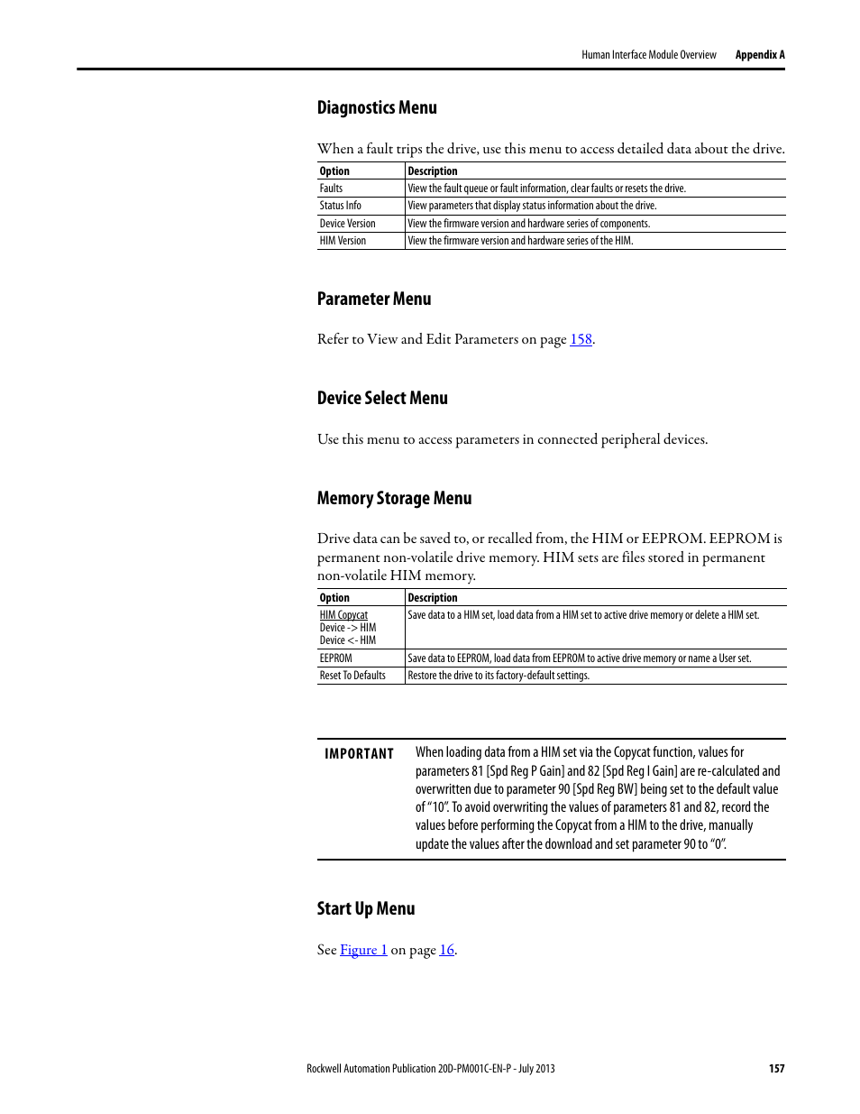 Diagnostics menu, Parameter menu, Device select menu | Memory storage menu, Start up menu | Rockwell Automation 20D PowerFlex 700S AC Drives with Phase II Control Programming Manual User Manual | Page 157 / 214