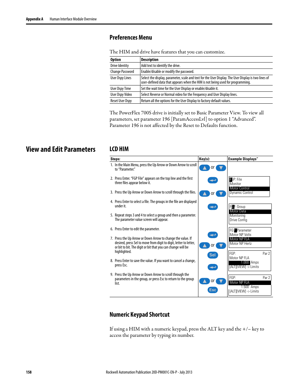 Preferences menu, View and edit parameters, Lcd him | Numeric keypad shortcut, Lcd him numeric keypad shortcut, R to view and edit parameters | Rockwell Automation 20D PowerFlex 700S AC Drives with Phase II Control Programming Manual User Manual | Page 158 / 214