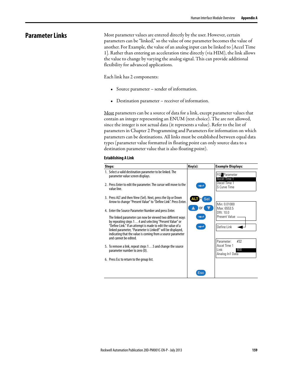 Parameter links, Establishing a link | Rockwell Automation 20D PowerFlex 700S AC Drives with Phase II Control Programming Manual User Manual | Page 159 / 214