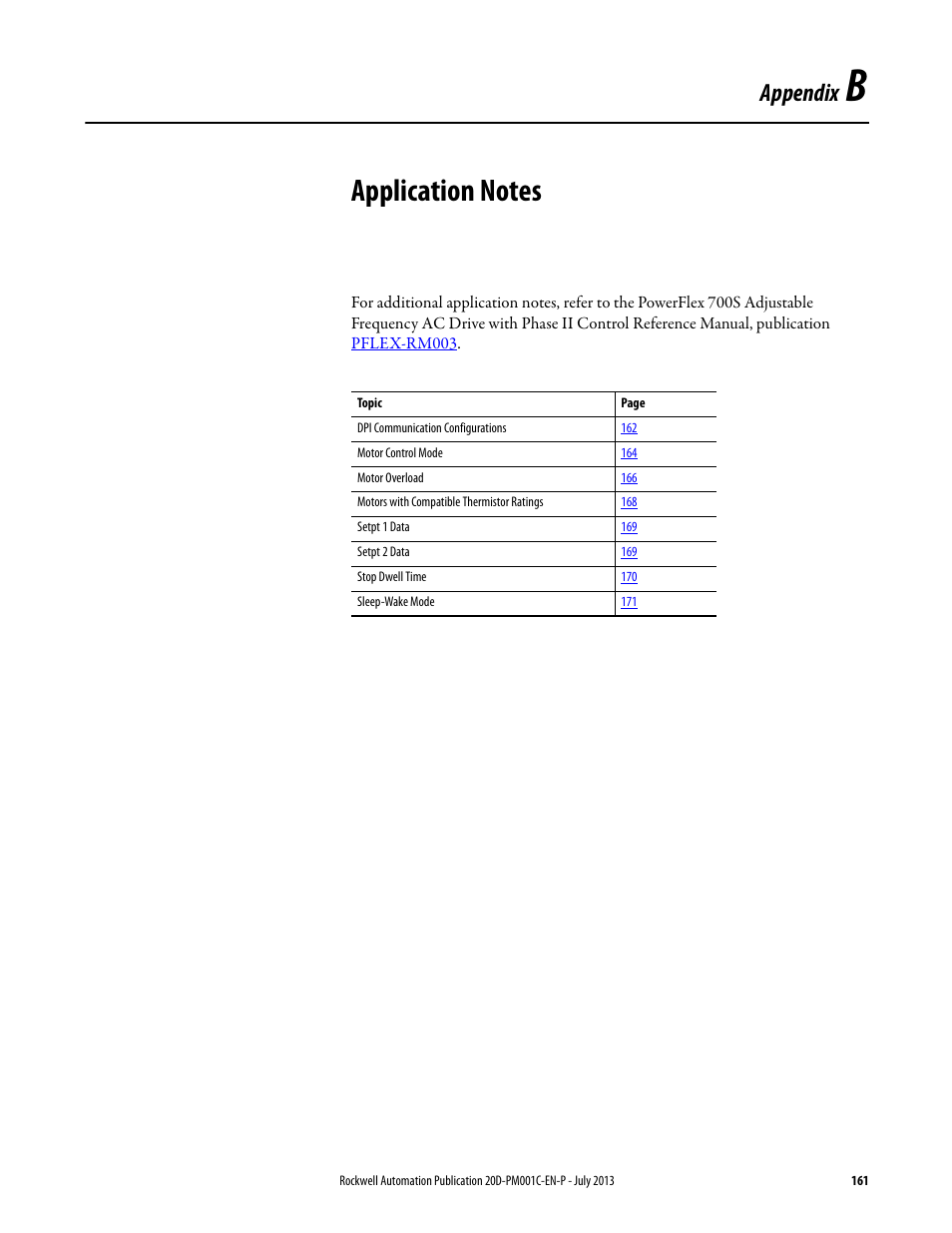 Appendix b - application notes, Chapter b, Application notes | Appendix b, Appendix | Rockwell Automation 20D PowerFlex 700S AC Drives with Phase II Control Programming Manual User Manual | Page 161 / 214
