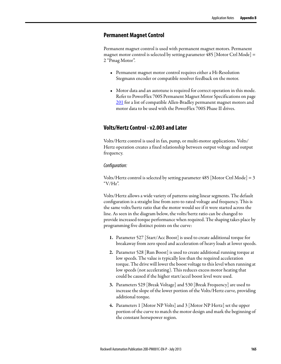 Permanent magnet control, Volts/hertz control - v2.003 and later | Rockwell Automation 20D PowerFlex 700S AC Drives with Phase II Control Programming Manual User Manual | Page 165 / 214