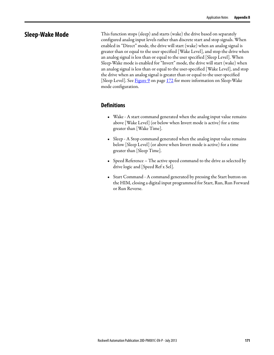 Sleep-wake mode, Definitions | Rockwell Automation 20D PowerFlex 700S AC Drives with Phase II Control Programming Manual User Manual | Page 171 / 214