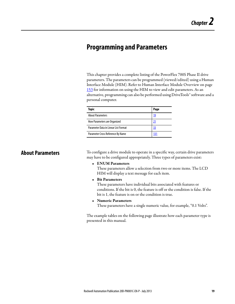 Chapter 2 - programming and parameters, About parameters, Chapter 2 | Programming and parameters, Chapter | Rockwell Automation 20D PowerFlex 700S AC Drives with Phase II Control Programming Manual User Manual | Page 19 / 214