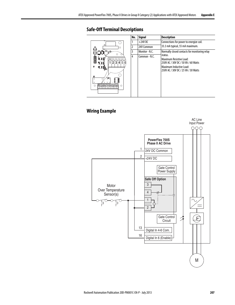 Safe-off terminal descriptions, Wiring example, Safe-off terminal descriptions wiring example | Rockwell Automation 20D PowerFlex 700S AC Drives with Phase II Control Programming Manual User Manual | Page 207 / 214