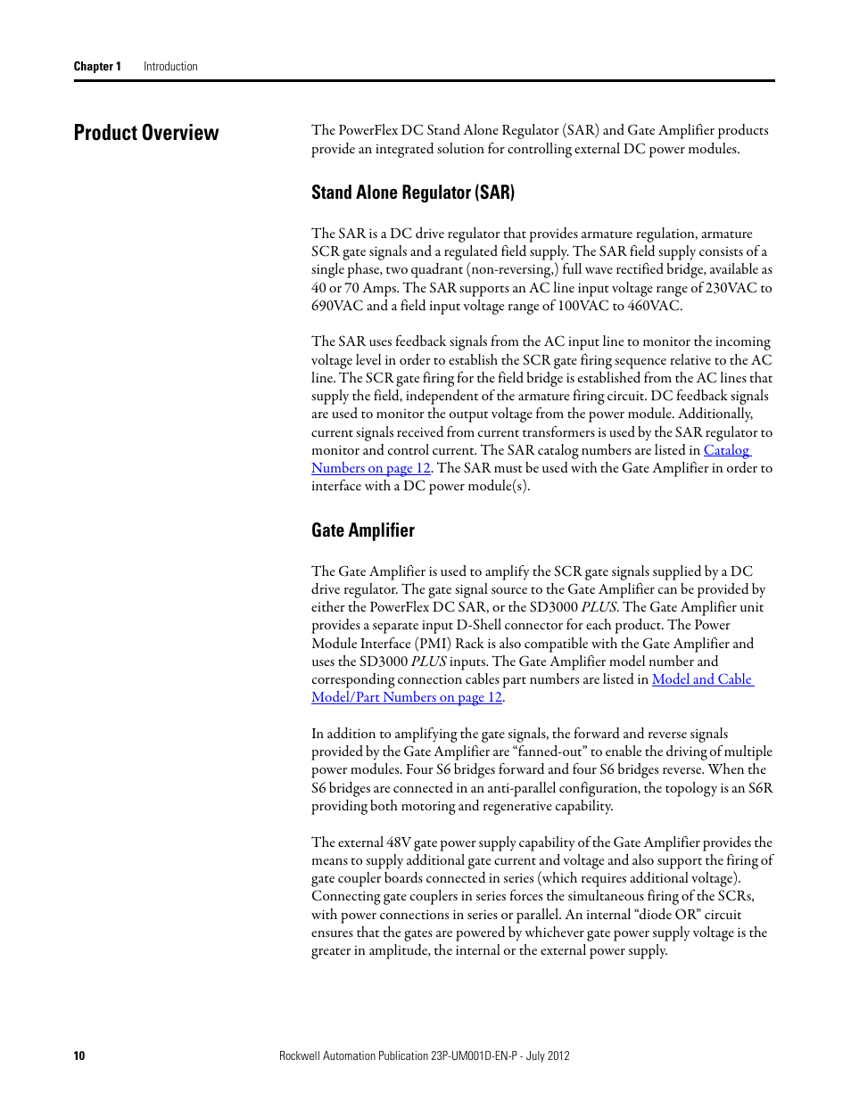 Product overview, Stand alone regulator (sar), Gate amplifier | Rockwell Automation 23P PowerFlex DC Stand Alone Regulator and Gate Amplifier User Manual | Page 10 / 90
