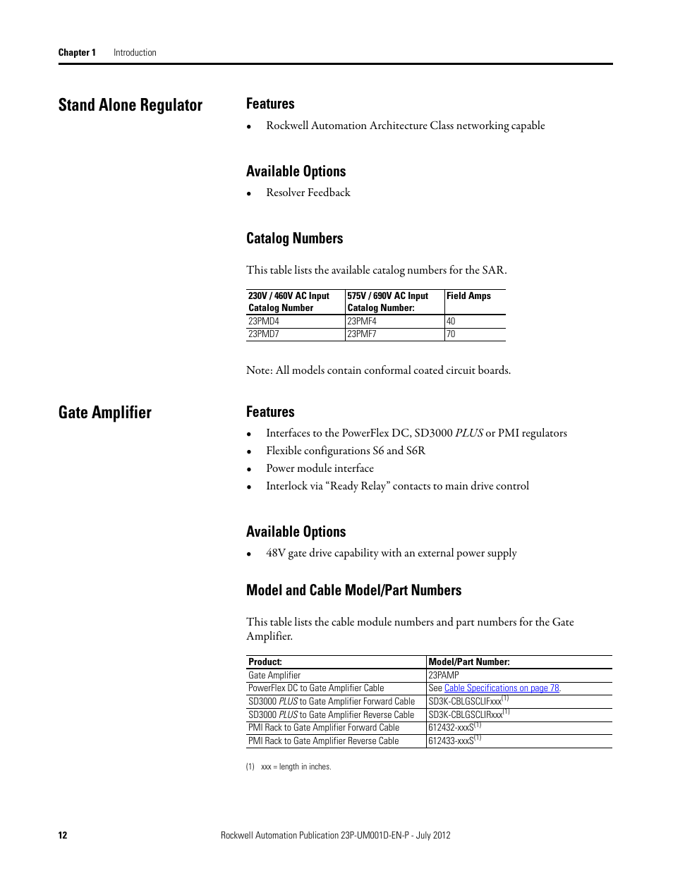 Stand alone regulator, Features, Available options | Catalog numbers, Gate amplifier, Model and cable model/part numbers, Stand alone regulator gate amplifier, Catalog, The sa, Model and cable | Rockwell Automation 23P PowerFlex DC Stand Alone Regulator and Gate Amplifier User Manual | Page 12 / 90