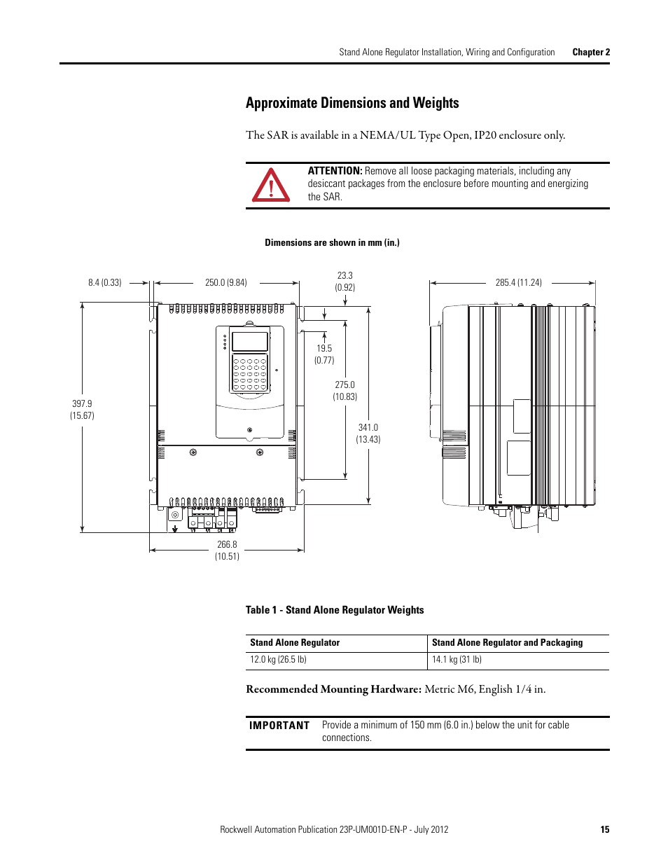 Approximate dimensions and weights | Rockwell Automation 23P PowerFlex DC Stand Alone Regulator and Gate Amplifier User Manual | Page 15 / 90