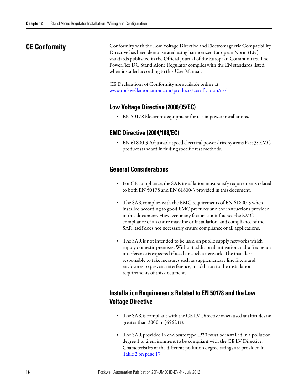 Ce conformity, Low voltage directive (2006/95/ec), Emc directive (2004/108/ec) | General considerations | Rockwell Automation 23P PowerFlex DC Stand Alone Regulator and Gate Amplifier User Manual | Page 16 / 90