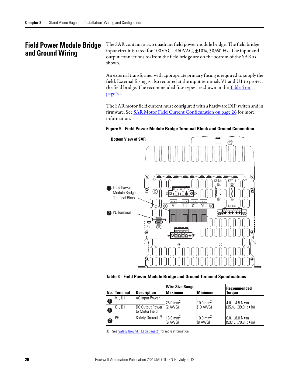 Field power module bridge and ground wiring | Rockwell Automation 23P PowerFlex DC Stand Alone Regulator and Gate Amplifier User Manual | Page 20 / 90