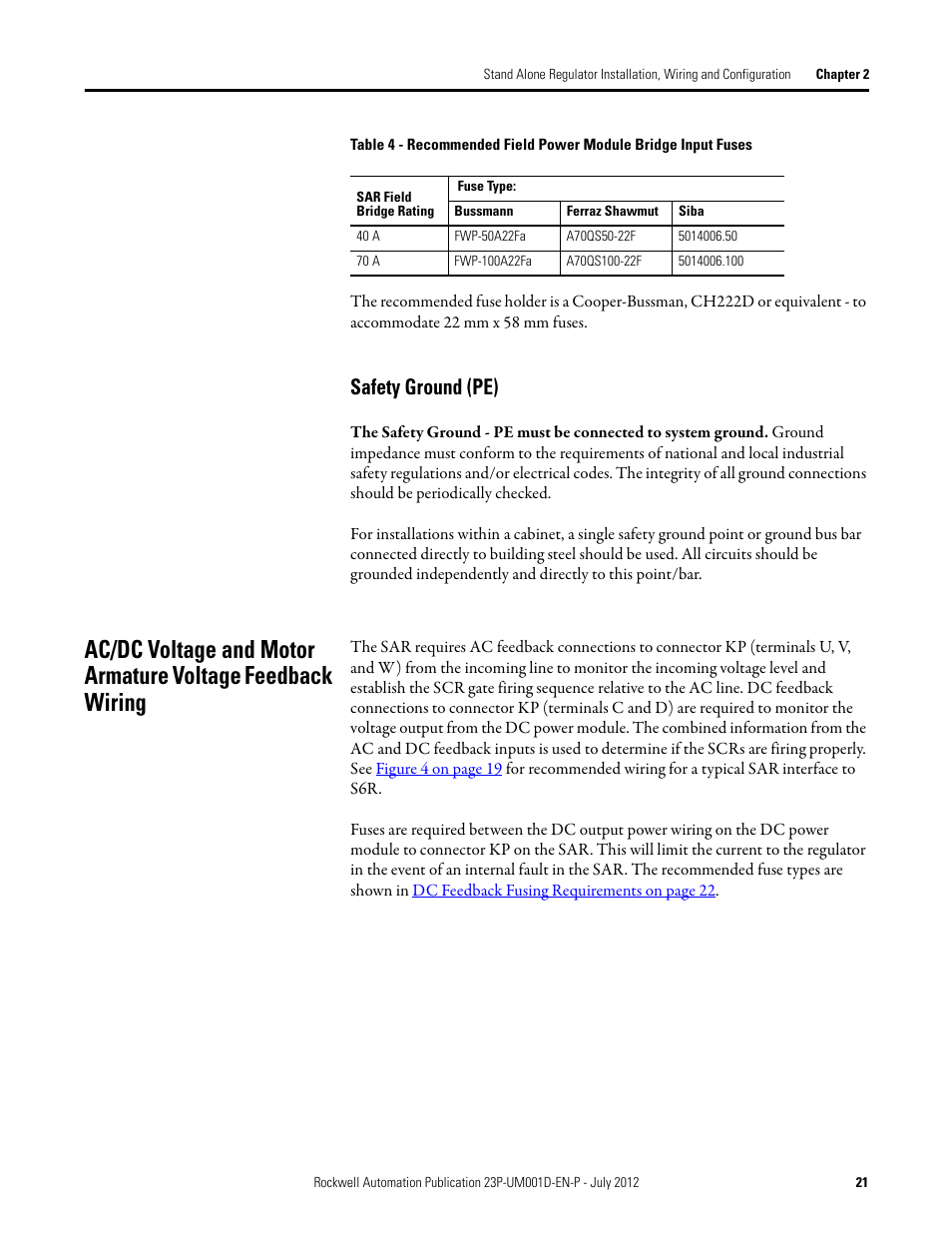 Safety ground (pe), Table 4 on | Rockwell Automation 23P PowerFlex DC Stand Alone Regulator and Gate Amplifier User Manual | Page 21 / 90