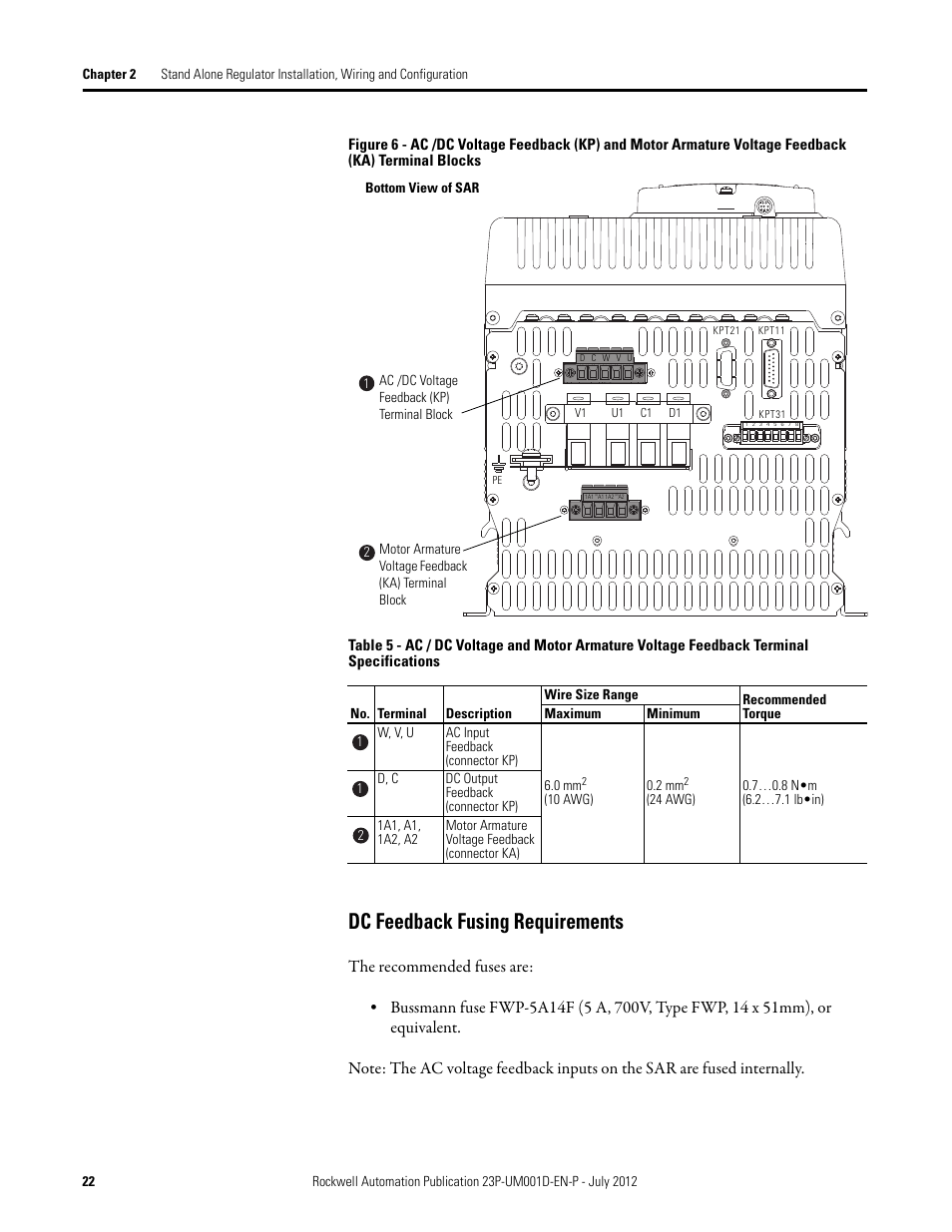 Dc feedback fusing requirements | Rockwell Automation 23P PowerFlex DC Stand Alone Regulator and Gate Amplifier User Manual | Page 22 / 90