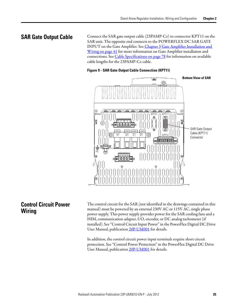 Sar gate output cable, Control circuit power wiring, Sar gate output cable control circuit power wiring | Rockwell Automation 23P PowerFlex DC Stand Alone Regulator and Gate Amplifier User Manual | Page 25 / 90