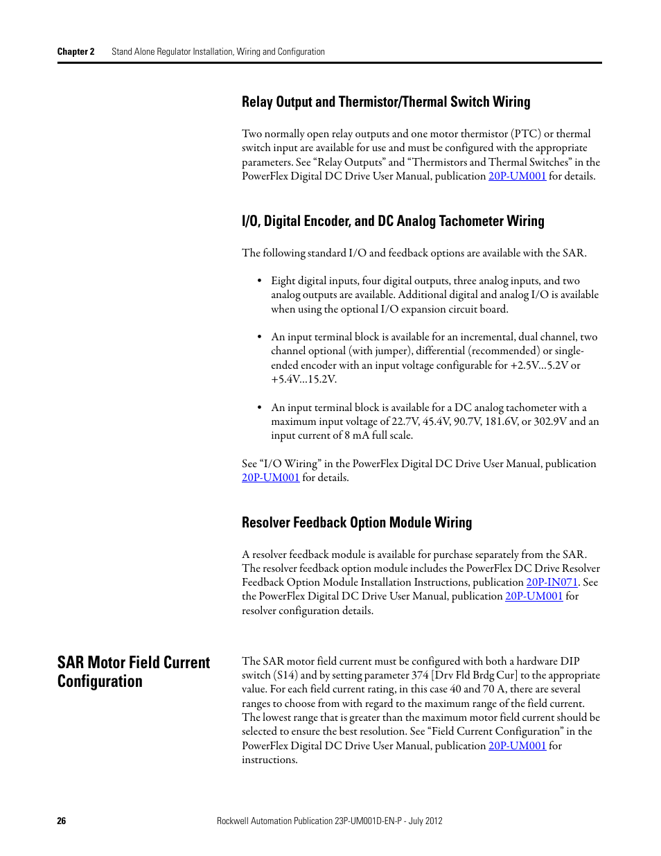 Relay output and thermistor/thermal switch wiring, Resolver feedback option module wiring, Sar motor field current configuration | Rockwell Automation 23P PowerFlex DC Stand Alone Regulator and Gate Amplifier User Manual | Page 26 / 90