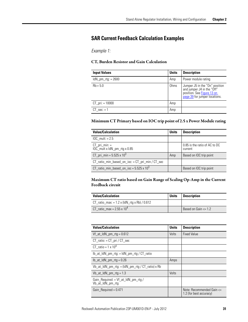 Sar current feedback calculation examples, Example 1 | Rockwell Automation 23P PowerFlex DC Stand Alone Regulator and Gate Amplifier User Manual | Page 31 / 90