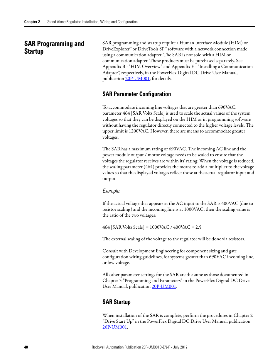 Sar programming and startup, Sar parameter configuration, Sar startup | Rockwell Automation 23P PowerFlex DC Stand Alone Regulator and Gate Amplifier User Manual | Page 40 / 90