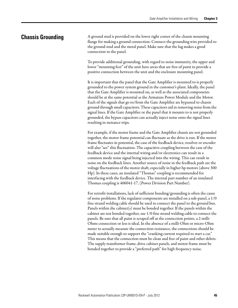 Chassis grounding | Rockwell Automation 23P PowerFlex DC Stand Alone Regulator and Gate Amplifier User Manual | Page 45 / 90