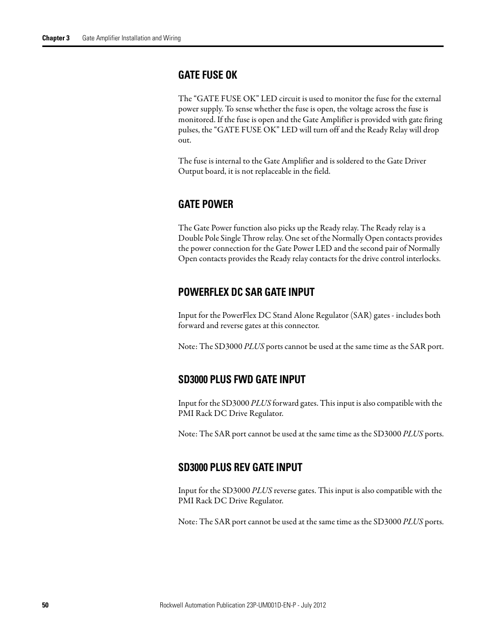 Gate fuse ok, Gate power, Powerflex dc sar gate input | Sd3000 plus fwd gate input, Sd3000 plus rev gate input, Sd3000 plus fwd, Sd3000 plus rev | Rockwell Automation 23P PowerFlex DC Stand Alone Regulator and Gate Amplifier User Manual | Page 50 / 90