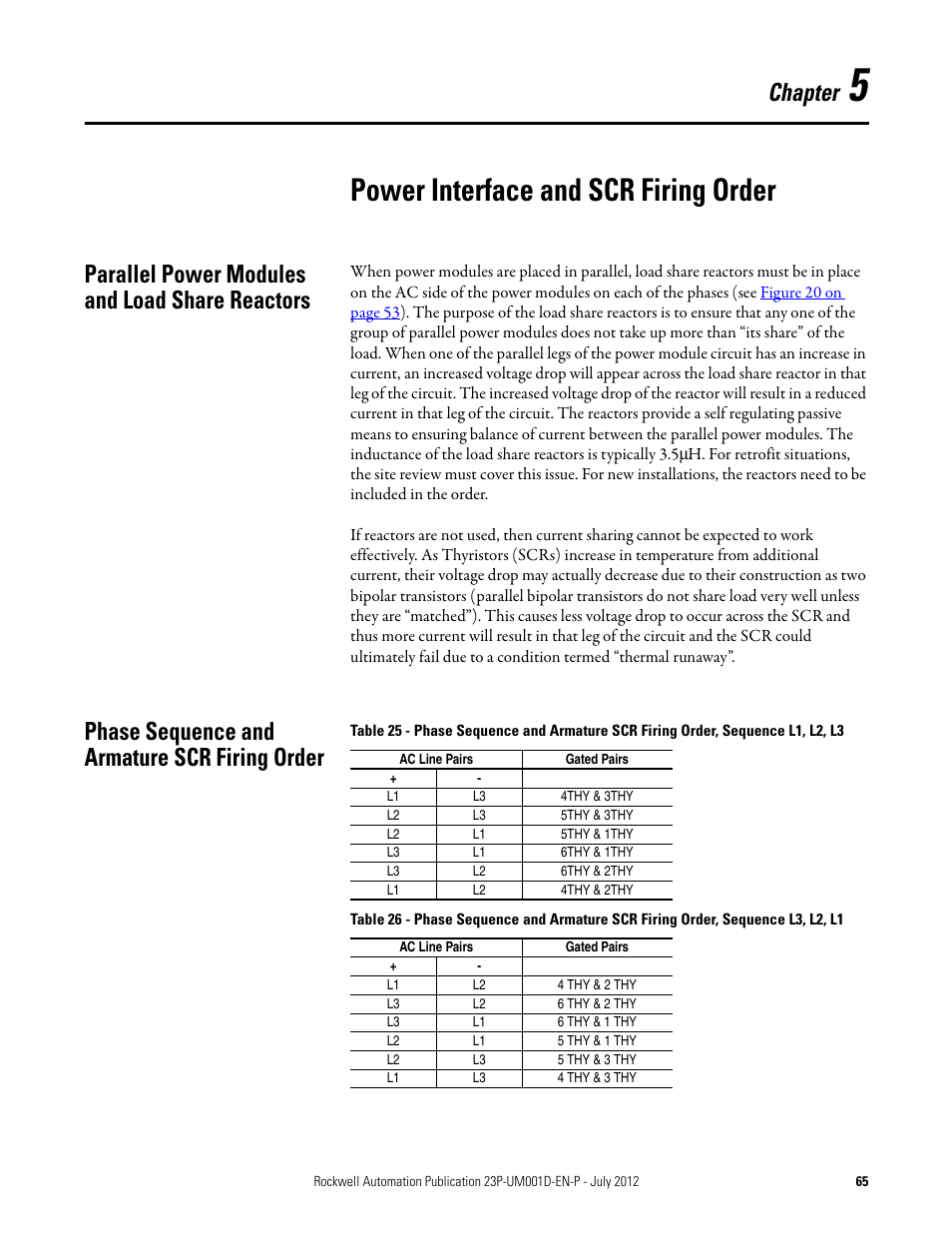 5 - power interface and scr firing order, Parallel power modules and load share reactors, Phase sequence and armature scr firing order | Chapter 5, Power interface and scr firing, Order, Power interface and scr firing order, Chapter | Rockwell Automation 23P PowerFlex DC Stand Alone Regulator and Gate Amplifier User Manual | Page 65 / 90