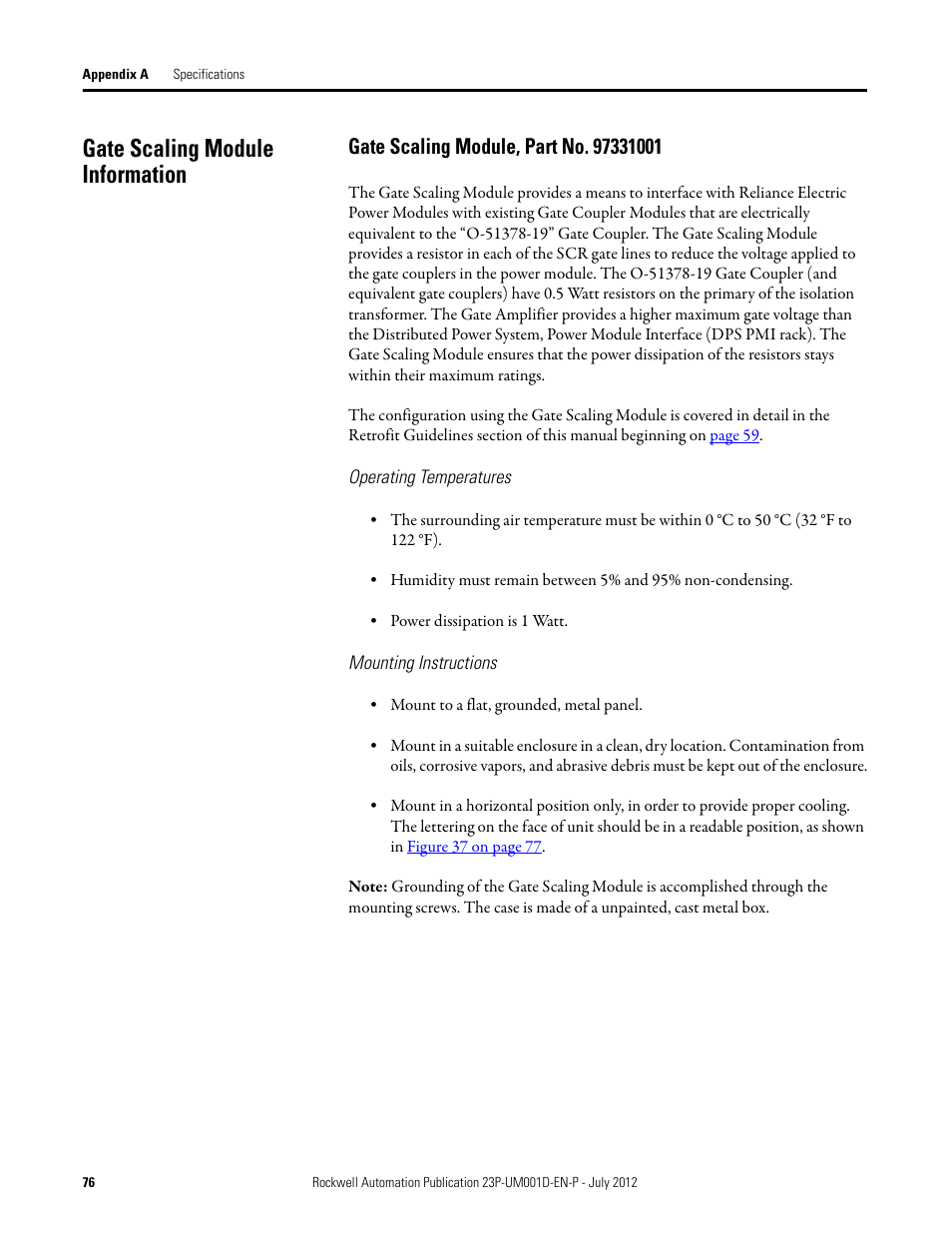 Gate scaling module information, Gate scaling module, part no. 97331001 | Rockwell Automation 23P PowerFlex DC Stand Alone Regulator and Gate Amplifier User Manual | Page 76 / 90