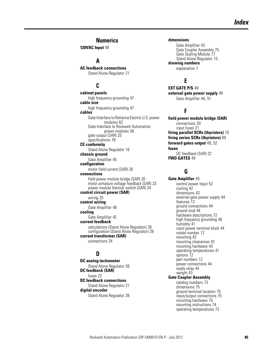 Index, Numerics | Rockwell Automation 23P PowerFlex DC Stand Alone Regulator and Gate Amplifier User Manual | Page 85 / 90