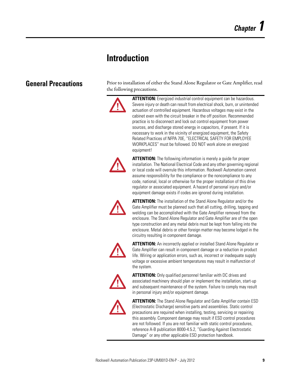 1 - introduction, General precautions, Chapter 1 | Introduction, Chapter | Rockwell Automation 23P PowerFlex DC Stand Alone Regulator and Gate Amplifier User Manual | Page 9 / 90