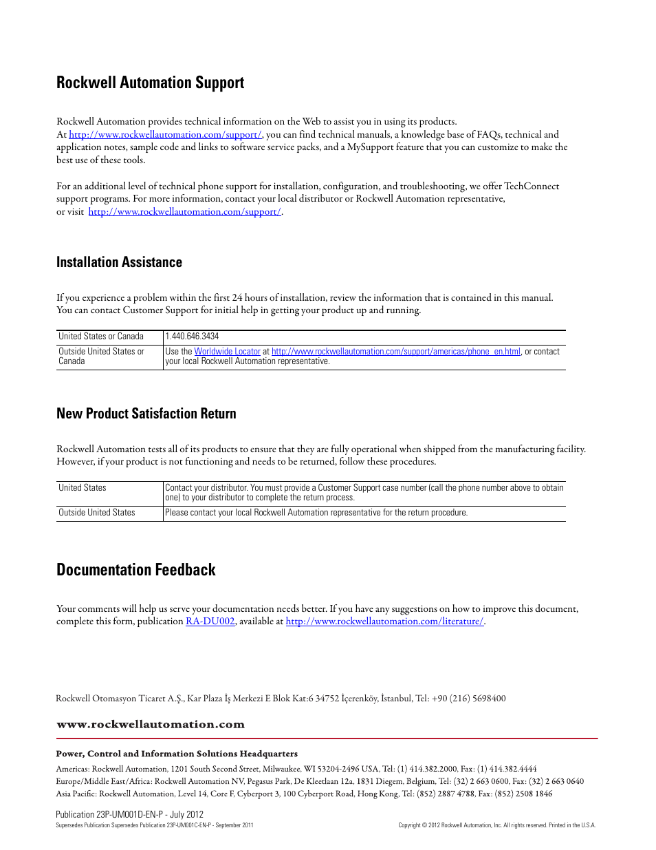 Back cover, Rockwell automation support, Documentation feedback | Installation assistance, New product satisfaction return | Rockwell Automation 23P PowerFlex DC Stand Alone Regulator and Gate Amplifier User Manual | Page 90 / 90