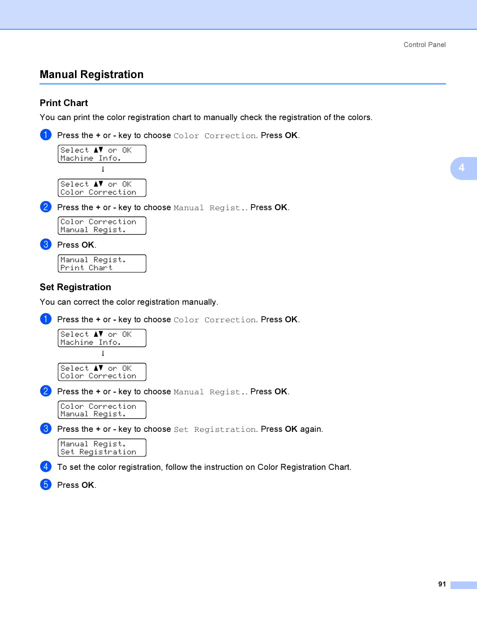 Manual registration, Print chart, Set registration | 4manual registration | Brother HL-4050CDN  EN User Manual | Page 100 / 211