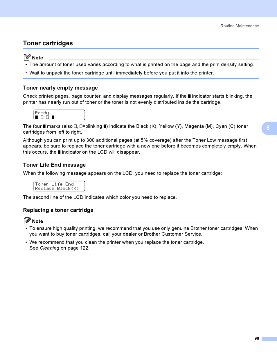 Toner cartridges, Toner nearly empty message, Toner life end message | Replacing a toner cartridge, 6toner cartridges | Brother HL-4050CDN  EN User Manual | Page 107 / 211