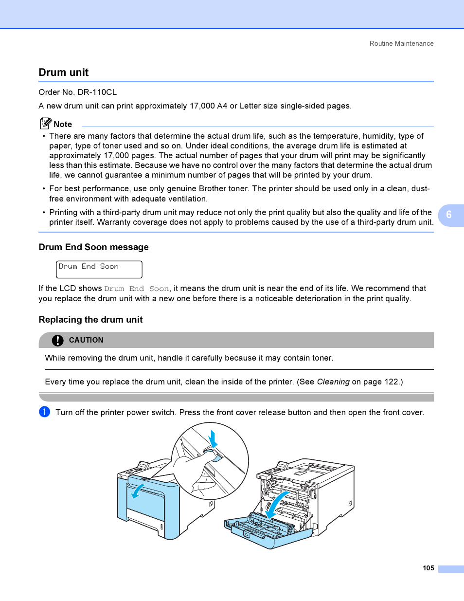 Drum unit, Drum end soon message, Replacing the drum unit | 6drum unit | Brother HL-4050CDN  EN User Manual | Page 114 / 211