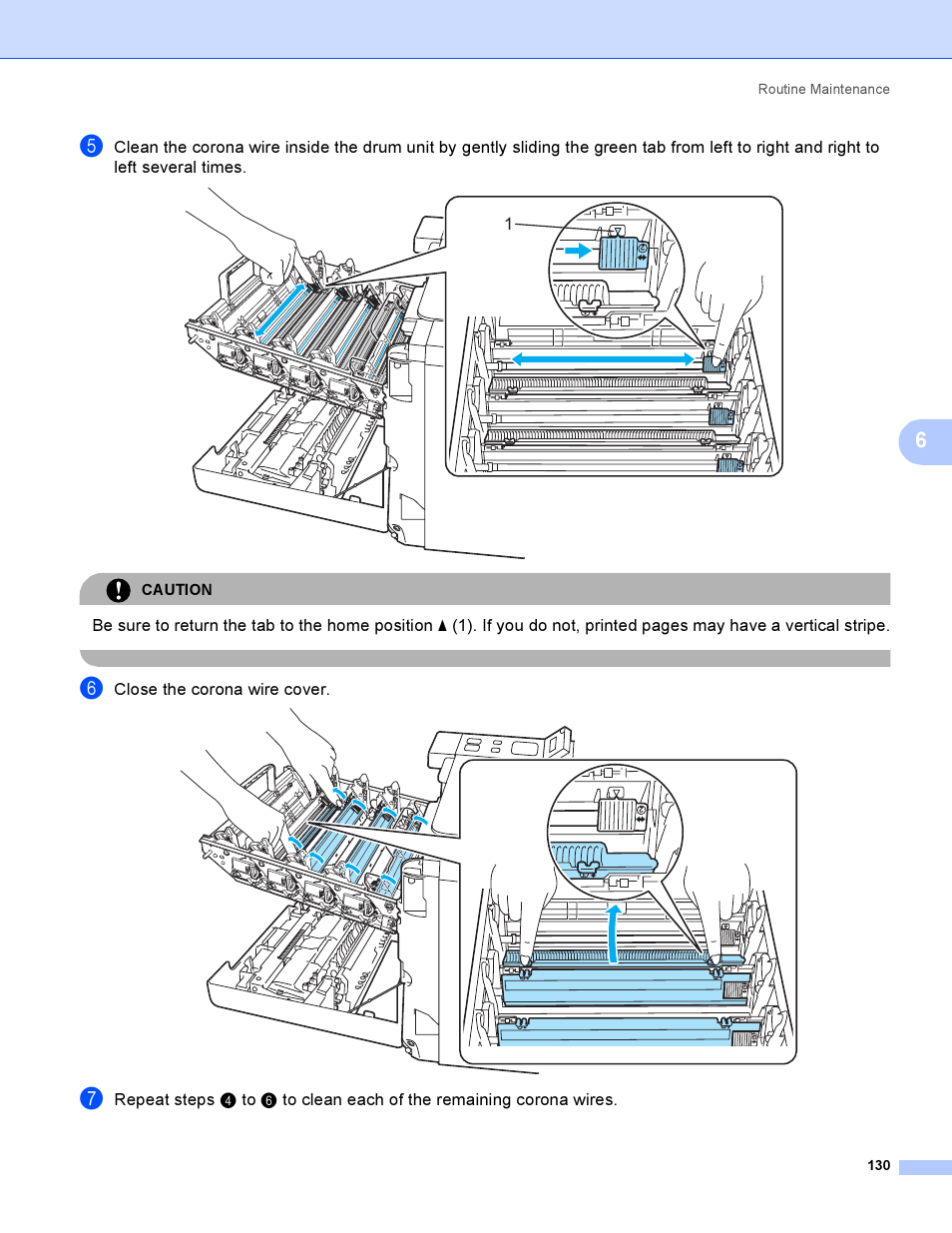 Close the corona wire cover, Caution, Routine maintenance 130 | Brother HL-4050CDN  EN User Manual | Page 139 / 211