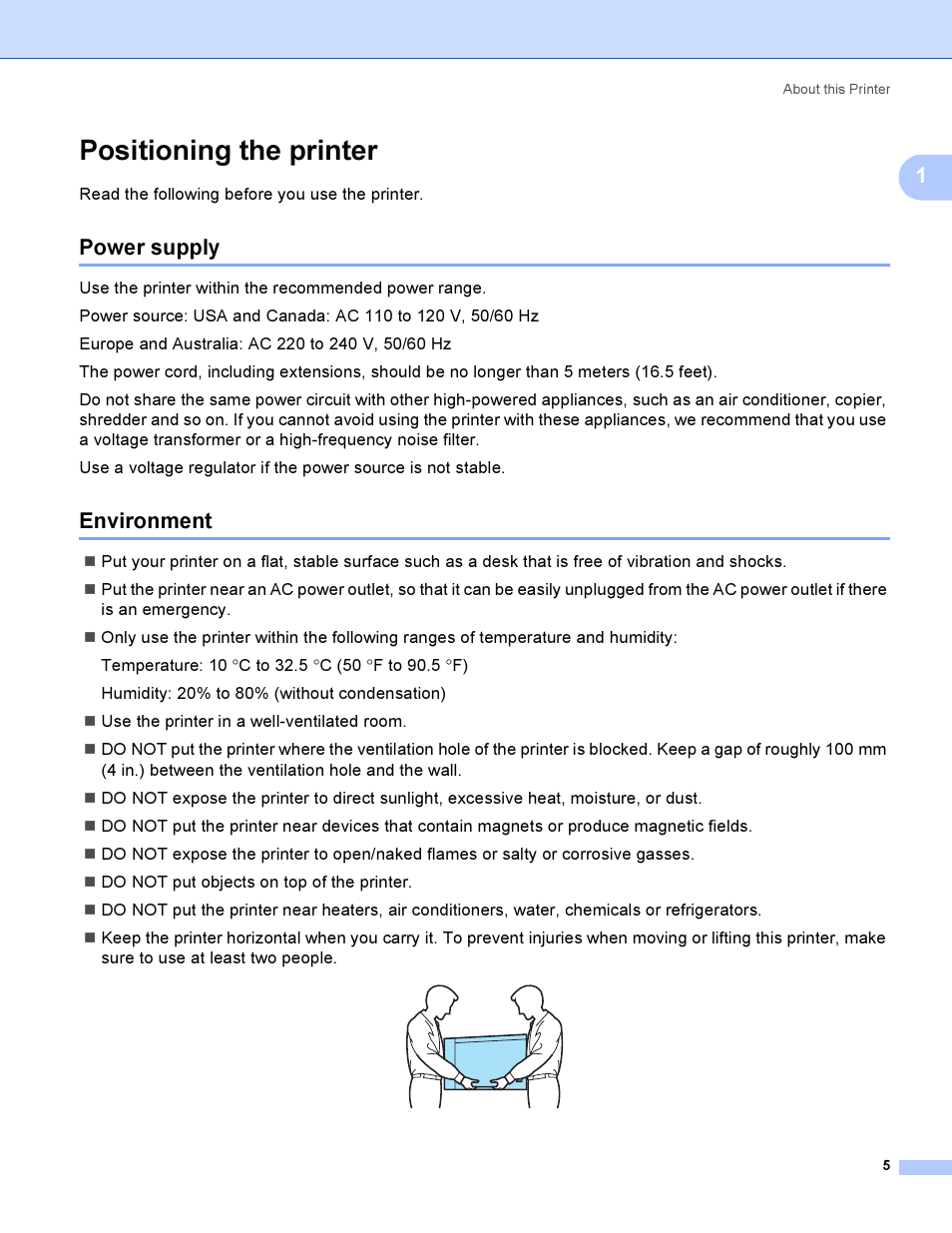 Positioning the printer, Power supply, Environment | Power supply environment | Brother HL-4050CDN  EN User Manual | Page 14 / 211