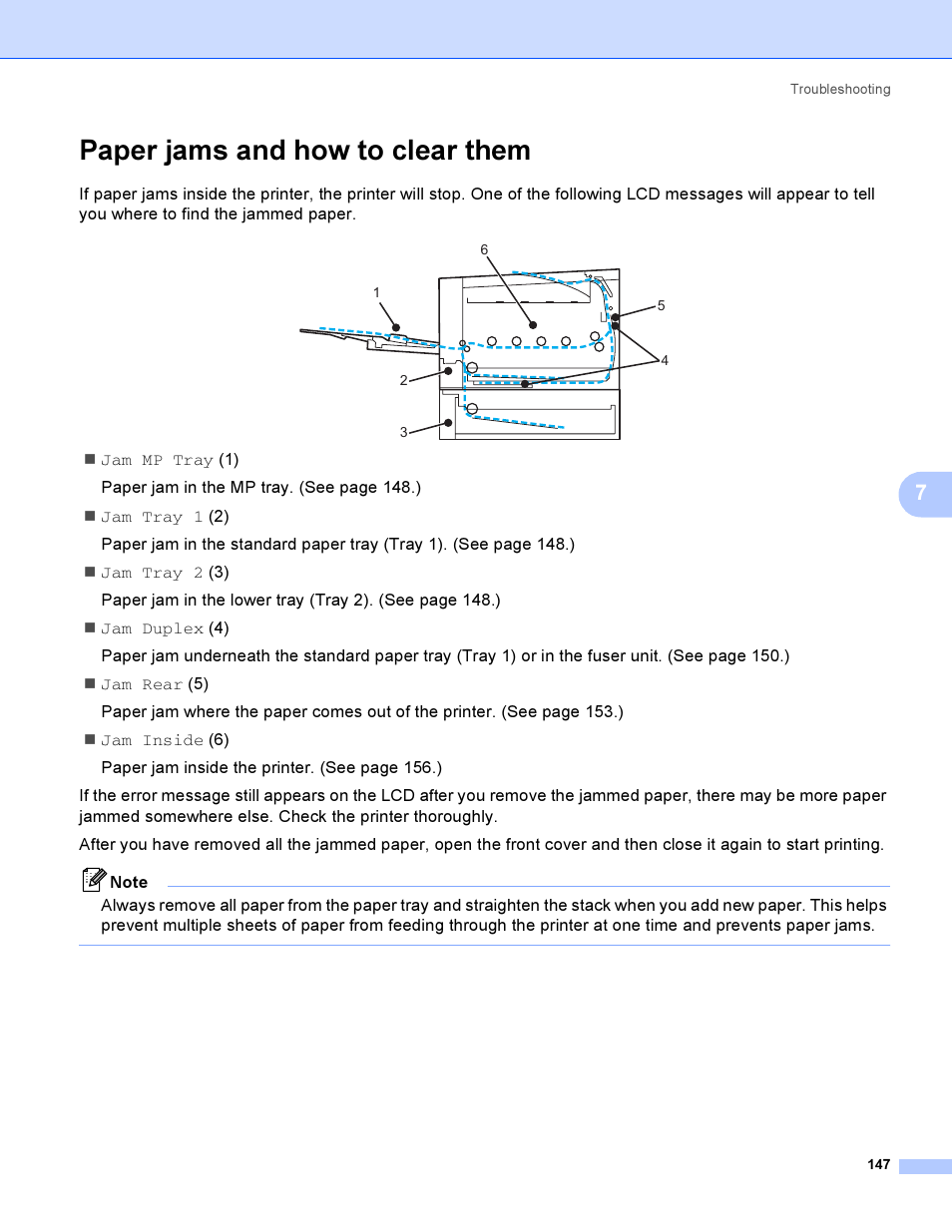 Paper jams and how to clear them | Brother HL-4050CDN  EN User Manual | Page 156 / 211