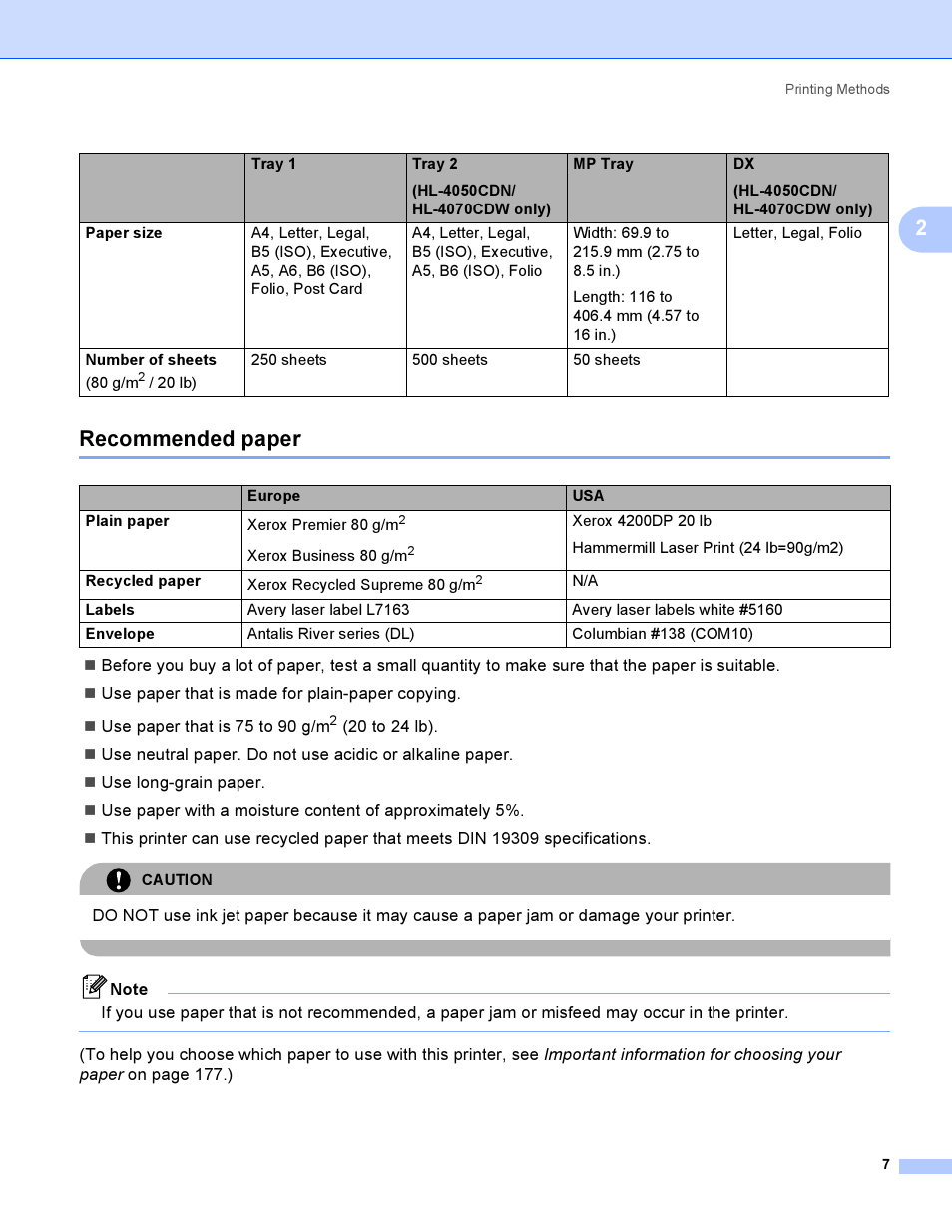 Recommended paper, 2recommended paper | Brother HL-4050CDN  EN User Manual | Page 16 / 211