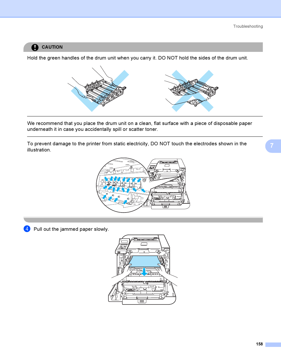 Pull out the jammed paper slowly, Caution, Troubleshooting 158 | Brother HL-4050CDN  EN User Manual | Page 167 / 211