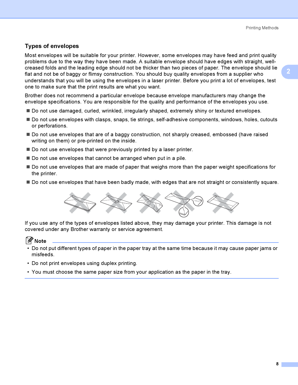 Types of envelopes | Brother HL-4050CDN  EN User Manual | Page 17 / 211