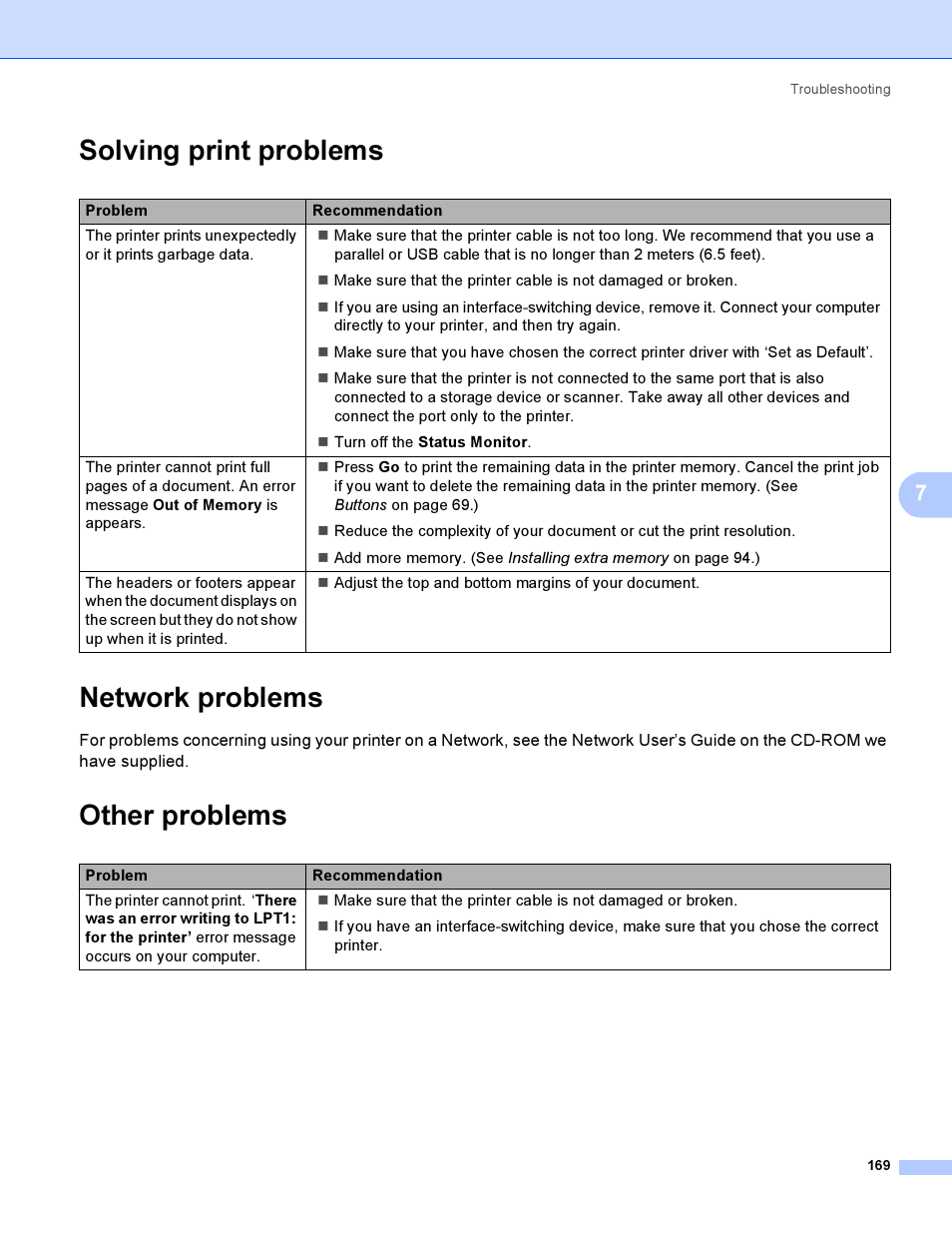 Solving print problems, Network problems, Other problems | Brother HL-4050CDN  EN User Manual | Page 178 / 211