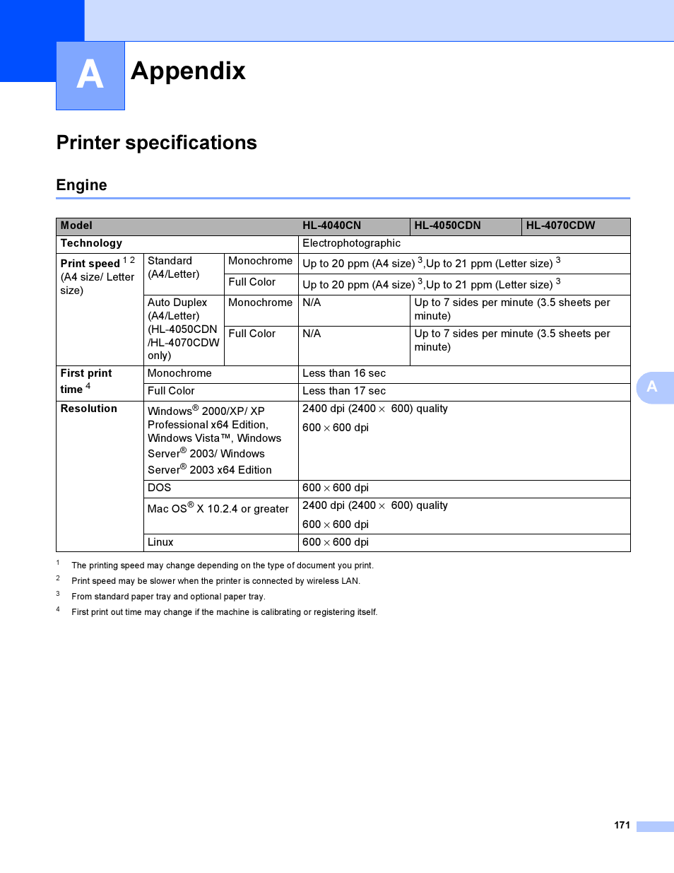Appendix a, Printer specifications, Engine | Appendix | Brother HL-4050CDN  EN User Manual | Page 180 / 211