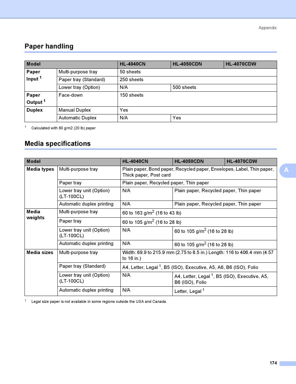 Paper handling, Media specifications, Paper handling media specifications | Apaper handling | Brother HL-4050CDN  EN User Manual | Page 183 / 211