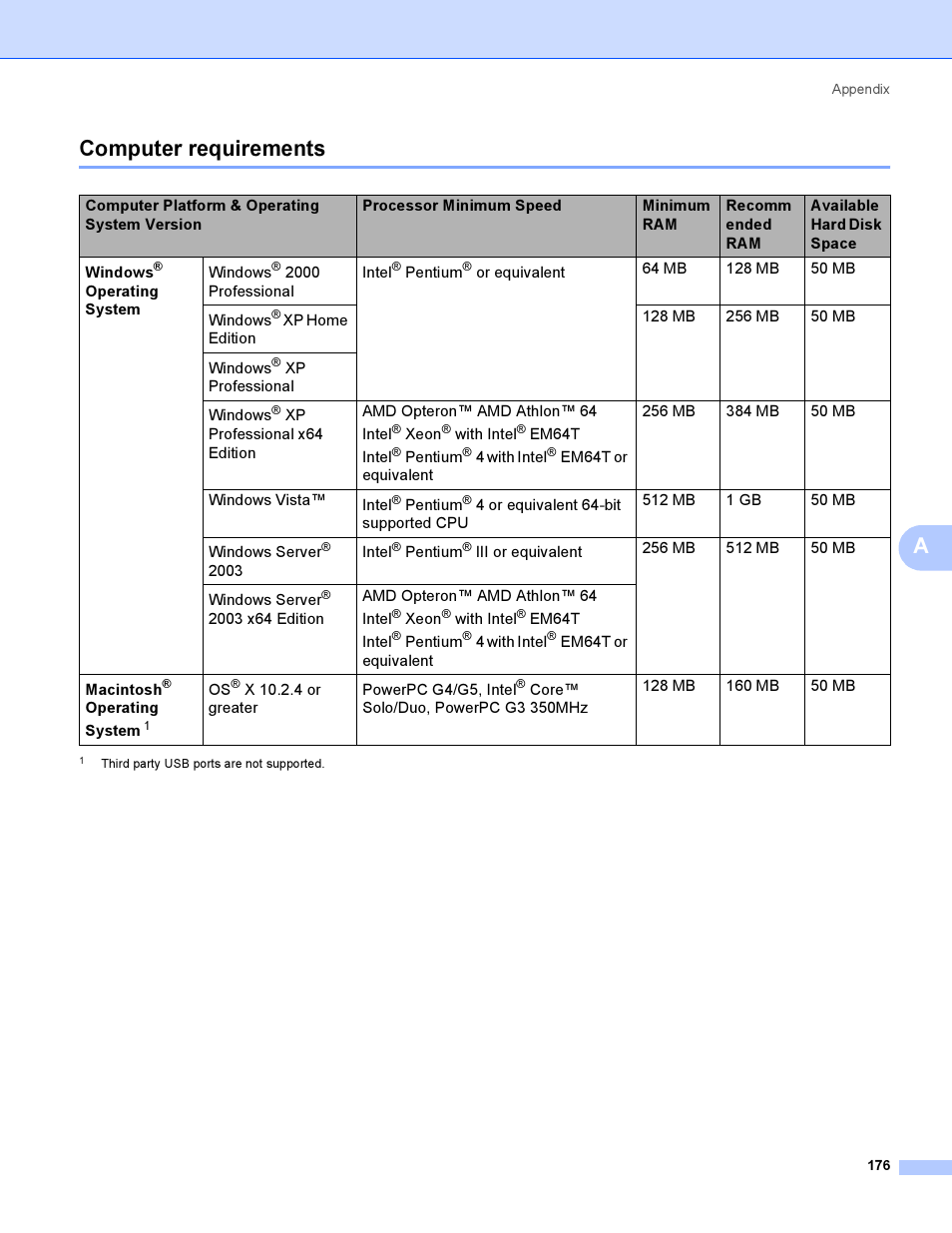 Computer requirements, Acomputer requirements | Brother HL-4050CDN  EN User Manual | Page 185 / 211