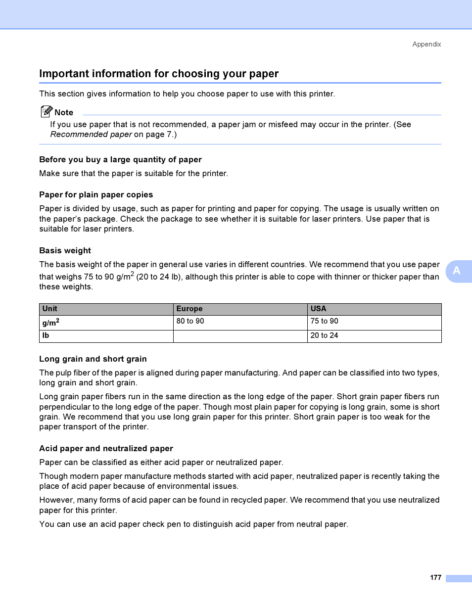 Important information for choosing your paper, Aimportant information for choosing your paper | Brother HL-4050CDN  EN User Manual | Page 186 / 211