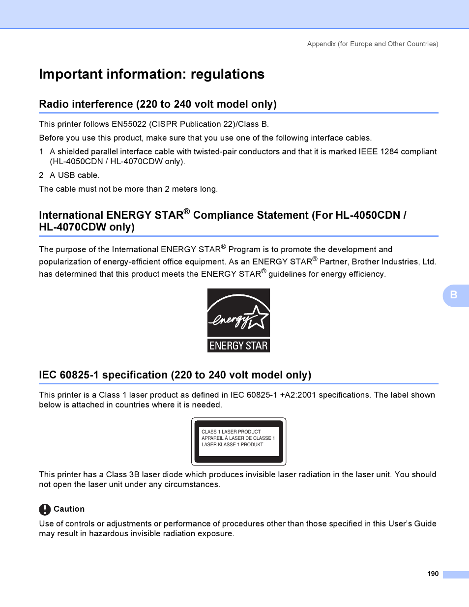 Important information: regulations, Radio interference (220 to 240 volt model only), International energy star | Brother HL-4050CDN  EN User Manual | Page 199 / 211