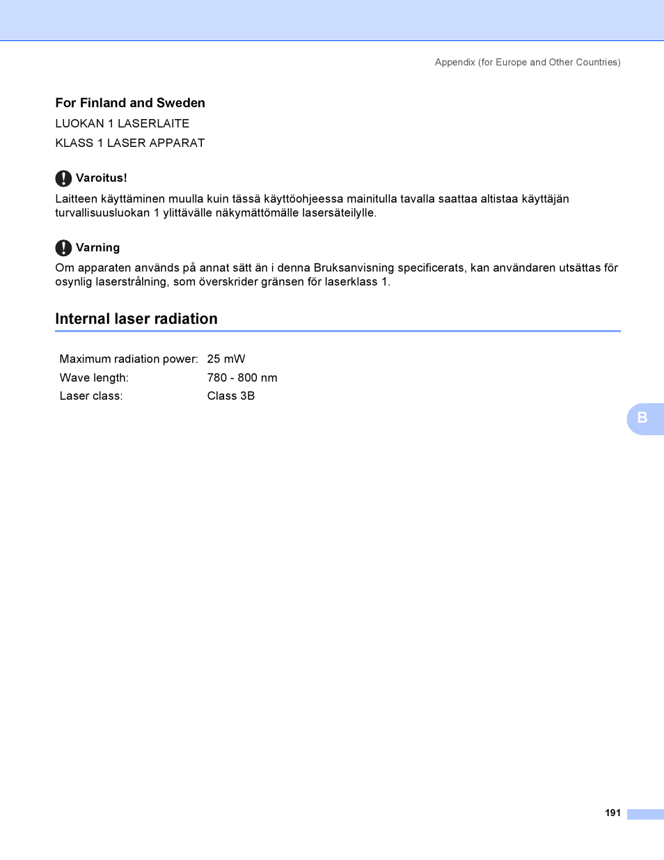 For finland and sweden, Internal laser radiation | Brother HL-4050CDN  EN User Manual | Page 200 / 211