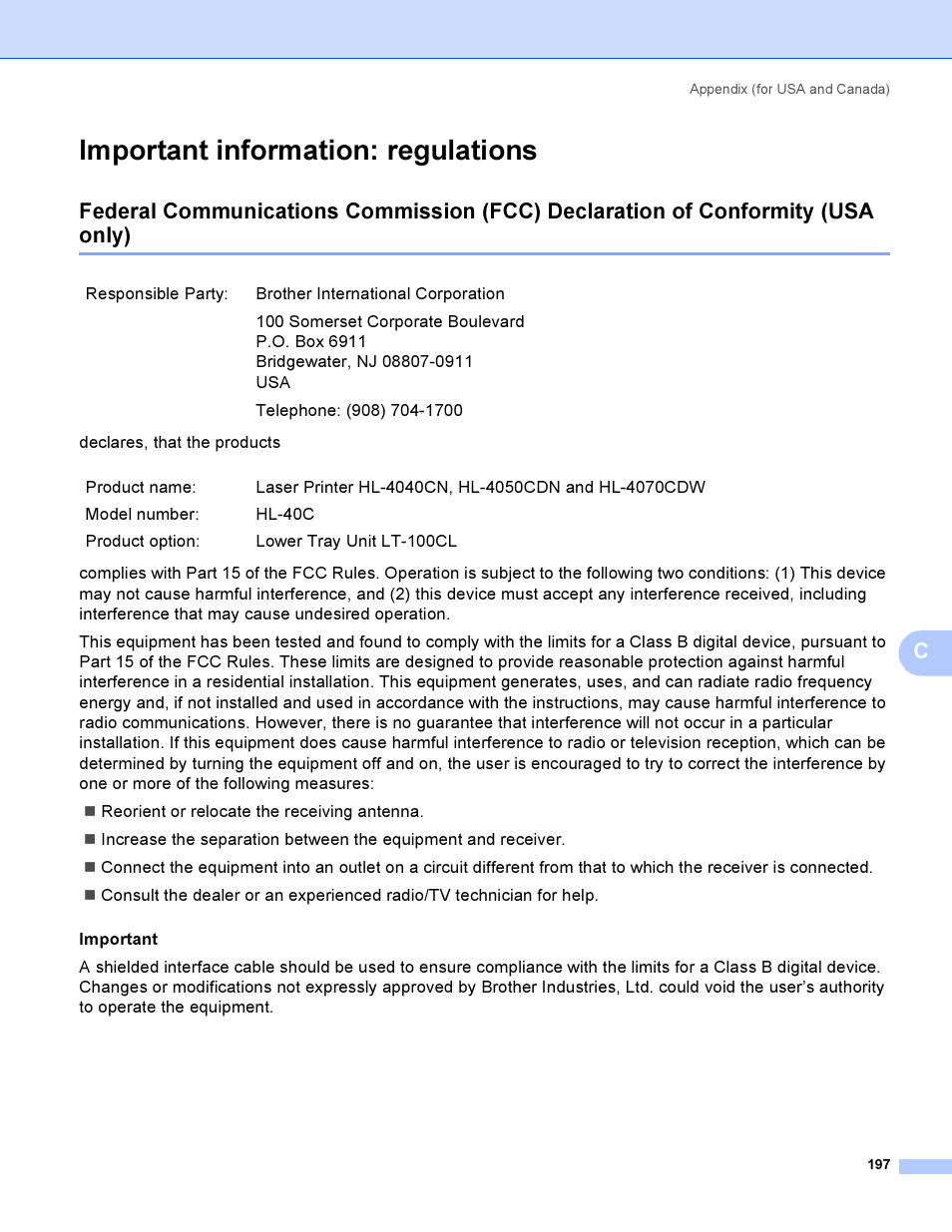 Important information: regulations | Brother HL-4050CDN  EN User Manual | Page 206 / 211