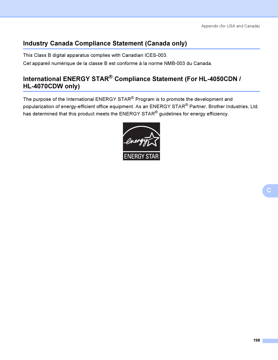 Industry canada compliance statement (canada only), International energy star | Brother HL-4050CDN  EN User Manual | Page 207 / 211