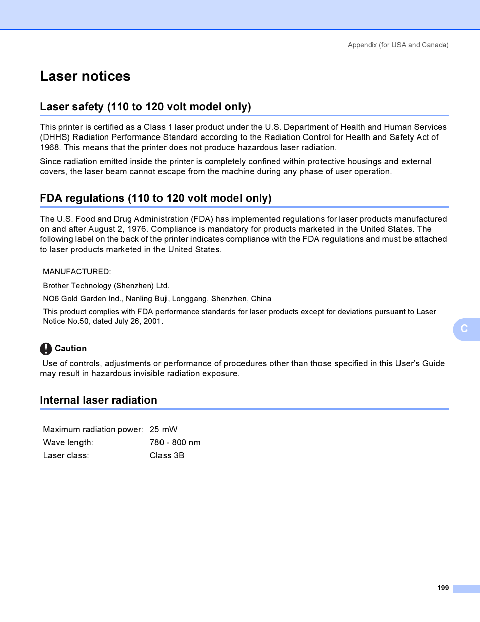 Laser notices, Laser safety (110 to 120 volt model only), Fda regulations (110 to 120 volt model only) | Internal laser radiation | Brother HL-4050CDN  EN User Manual | Page 208 / 211