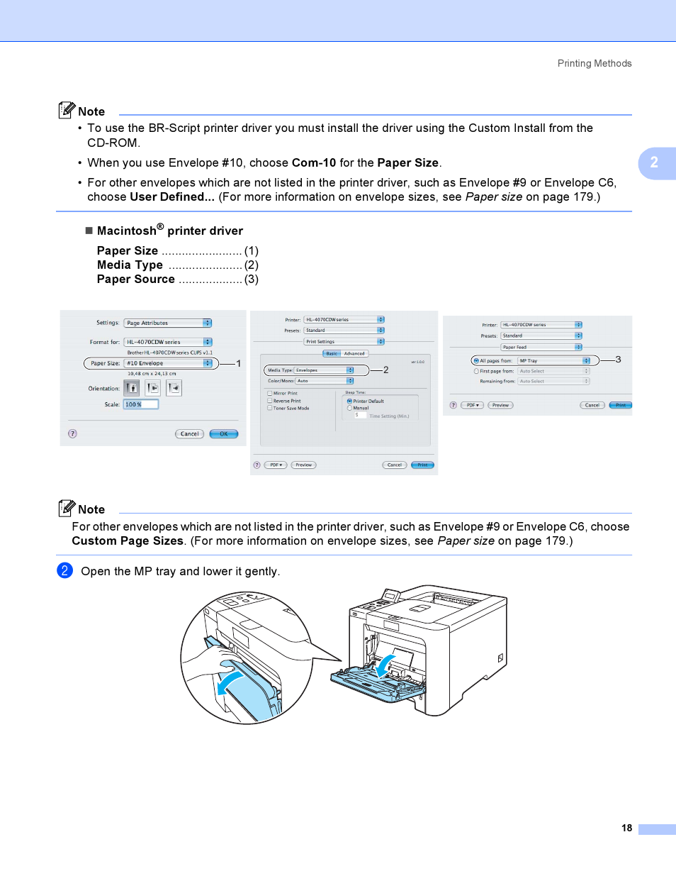 Macintosh, Open the mp tray and lower it gently | Brother HL-4050CDN  EN User Manual | Page 27 / 211