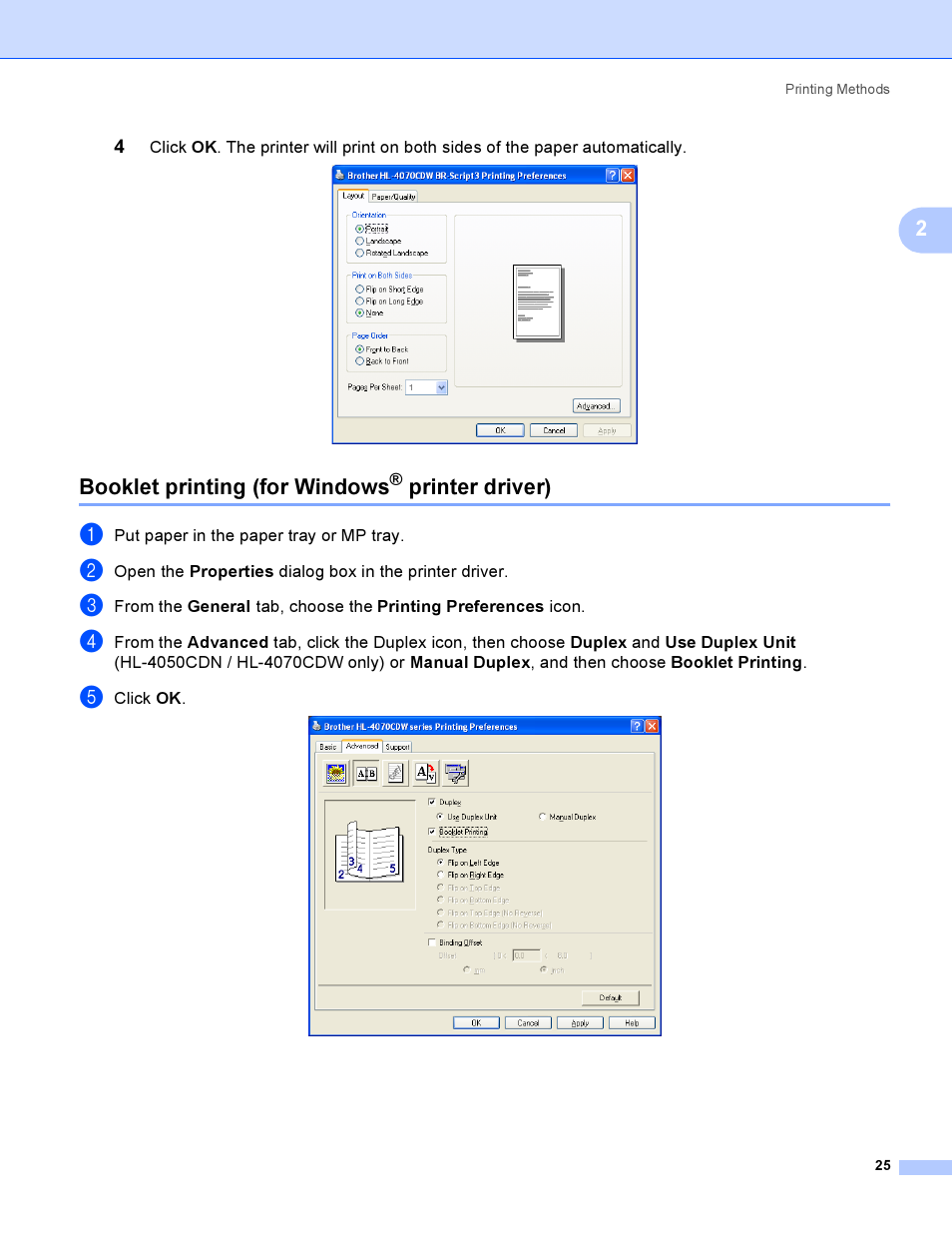 Booklet printing (for windows® printer driver), Booklet printing (for windows, Printer driver) | Brother HL-4050CDN  EN User Manual | Page 34 / 211